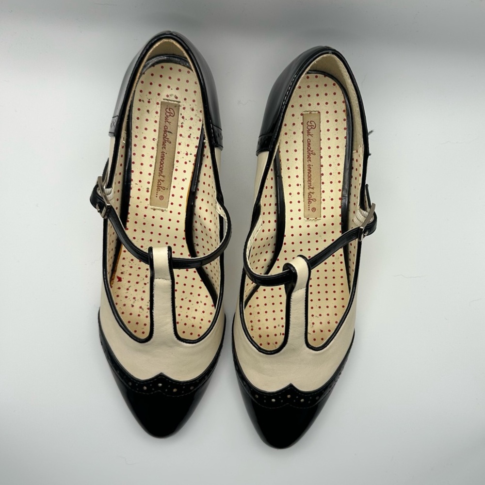Bait Footwear Ione Classic Black and Cream T-Strap Flats